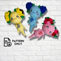 PDF Pattern - Set 3 Crochet Flower Buns Axolotl Amigurumi