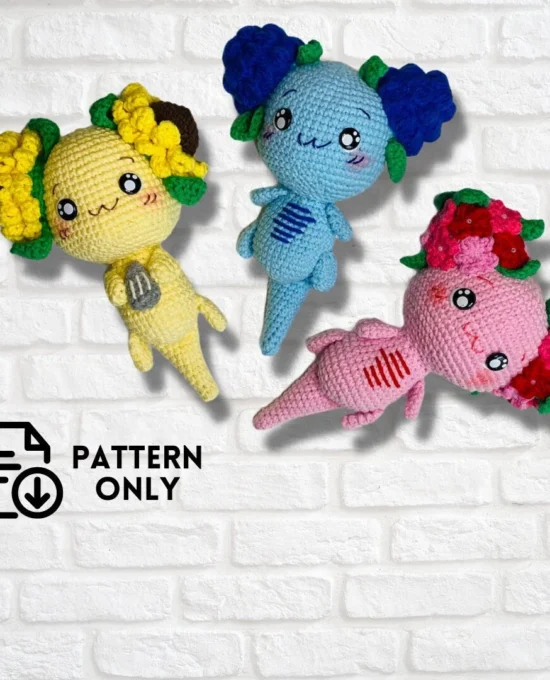 PDF Pattern – Set 3 Crochet Flower Buns Axolotl Amigurumi
